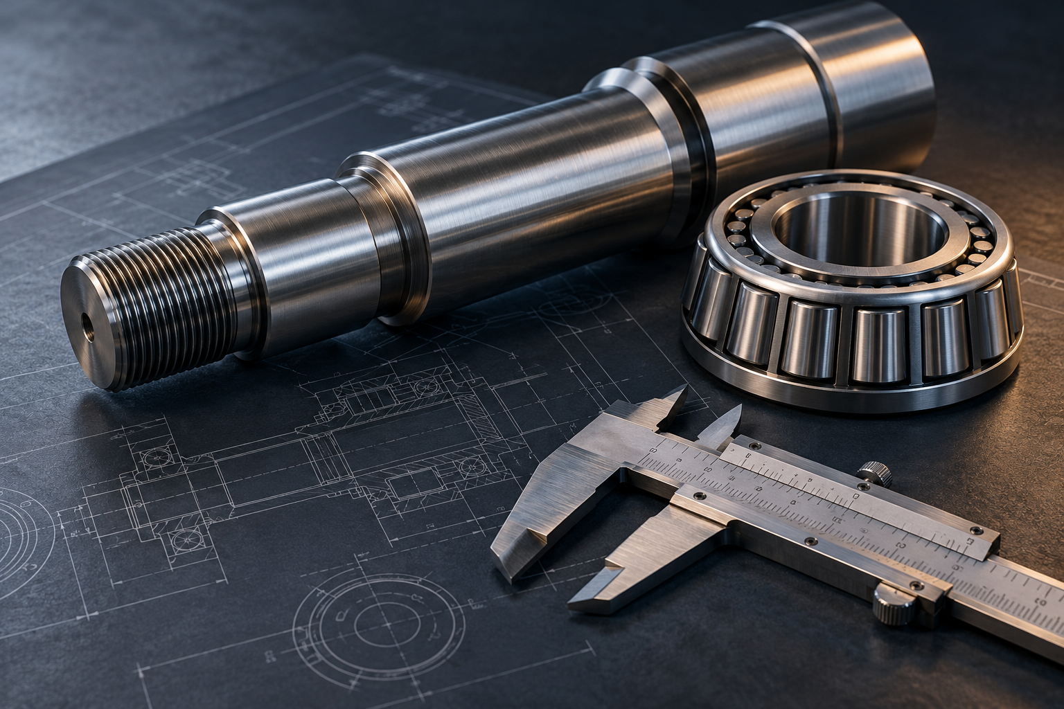 Illustrative precision-machined shaft and bearing on an engineering workbench