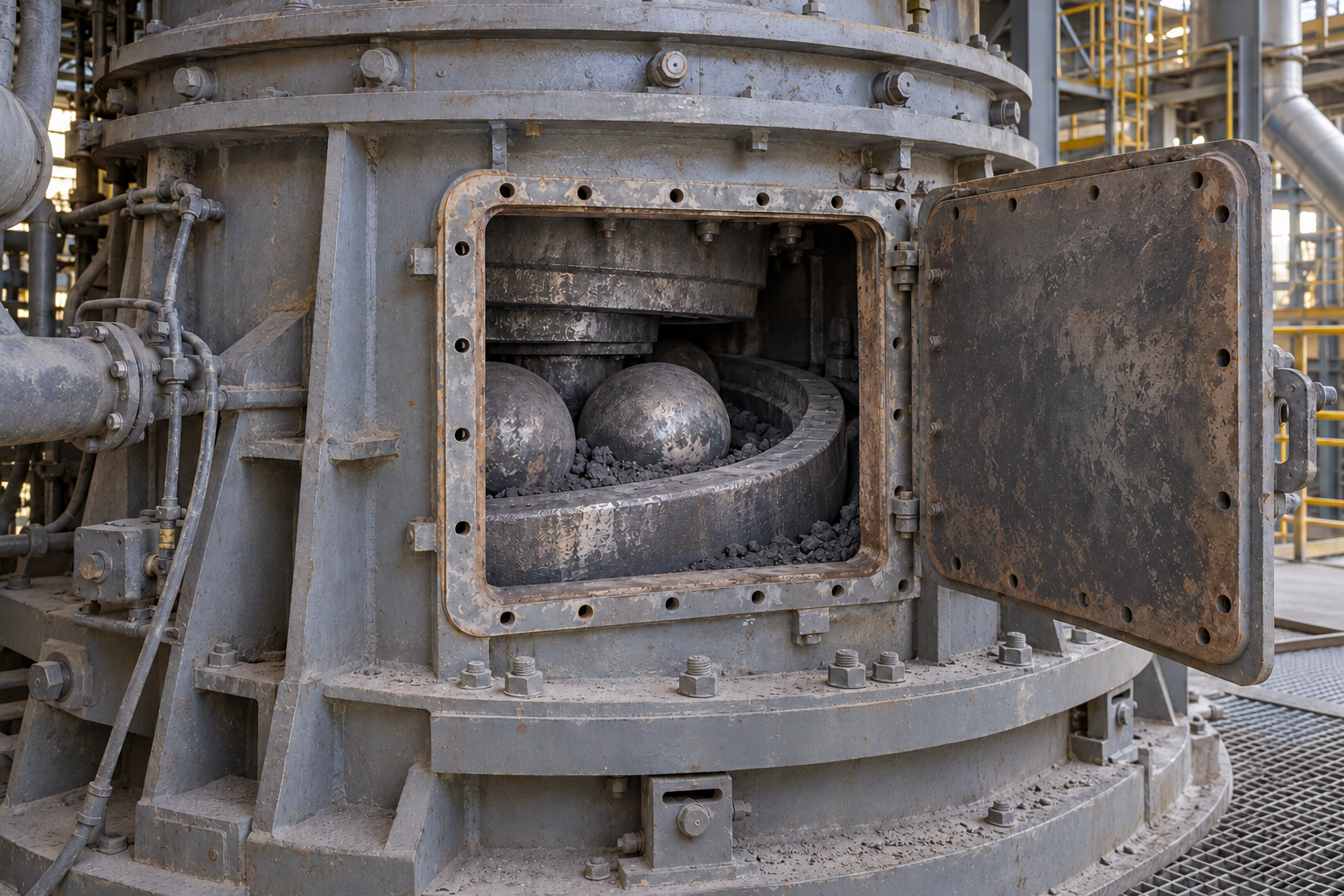 Illustrative view of a coal pulveriser with an open inspection hatch and internal grinding components. AI-generated image.